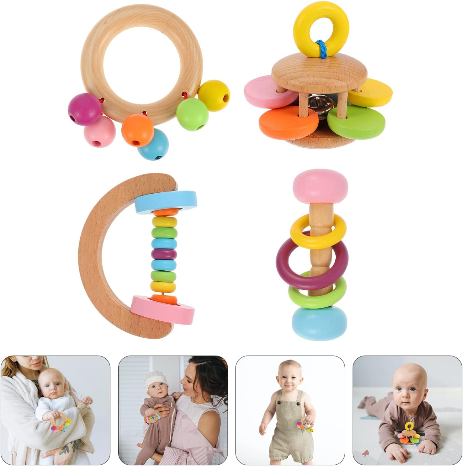 Montessori Wooden Rattles (4 Pack): "Vibrant Montessori wooden rattles in a 4-pack, designed to stimulate fine motor skills, sensory exploration, and early development in babies and toddlers.