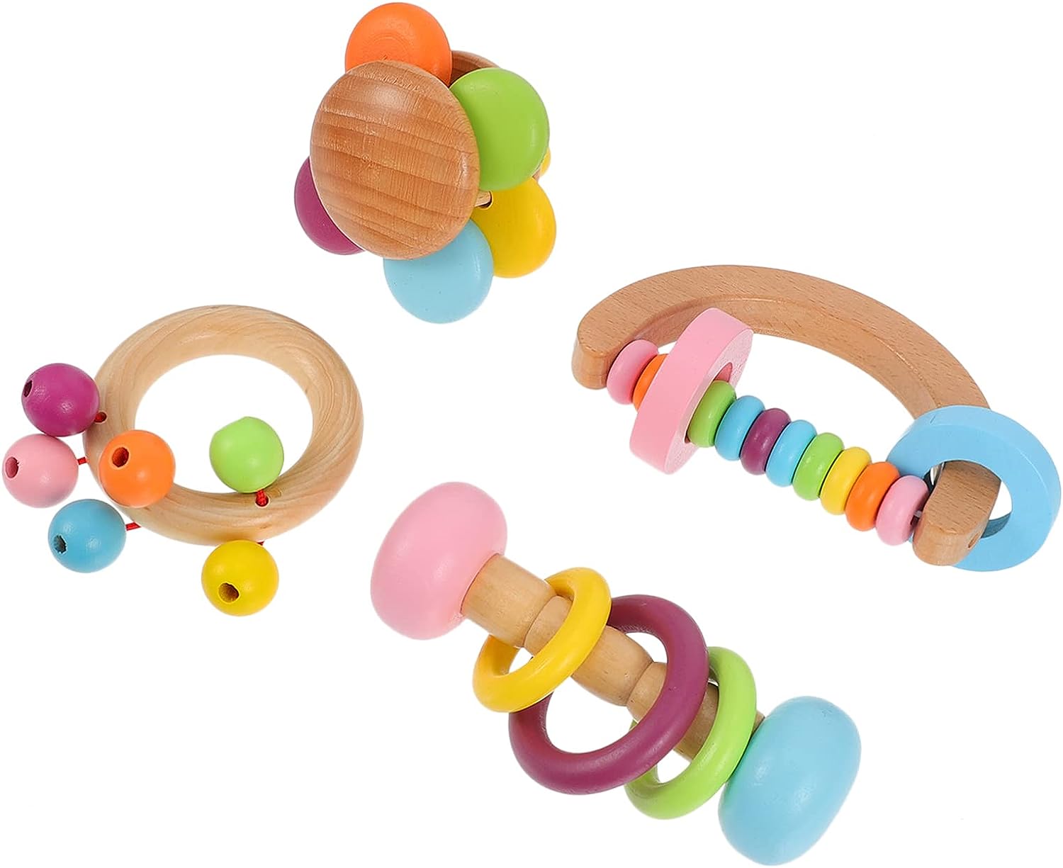 Natural wooden Montessori baby rattles with vibrant colors, set of 4