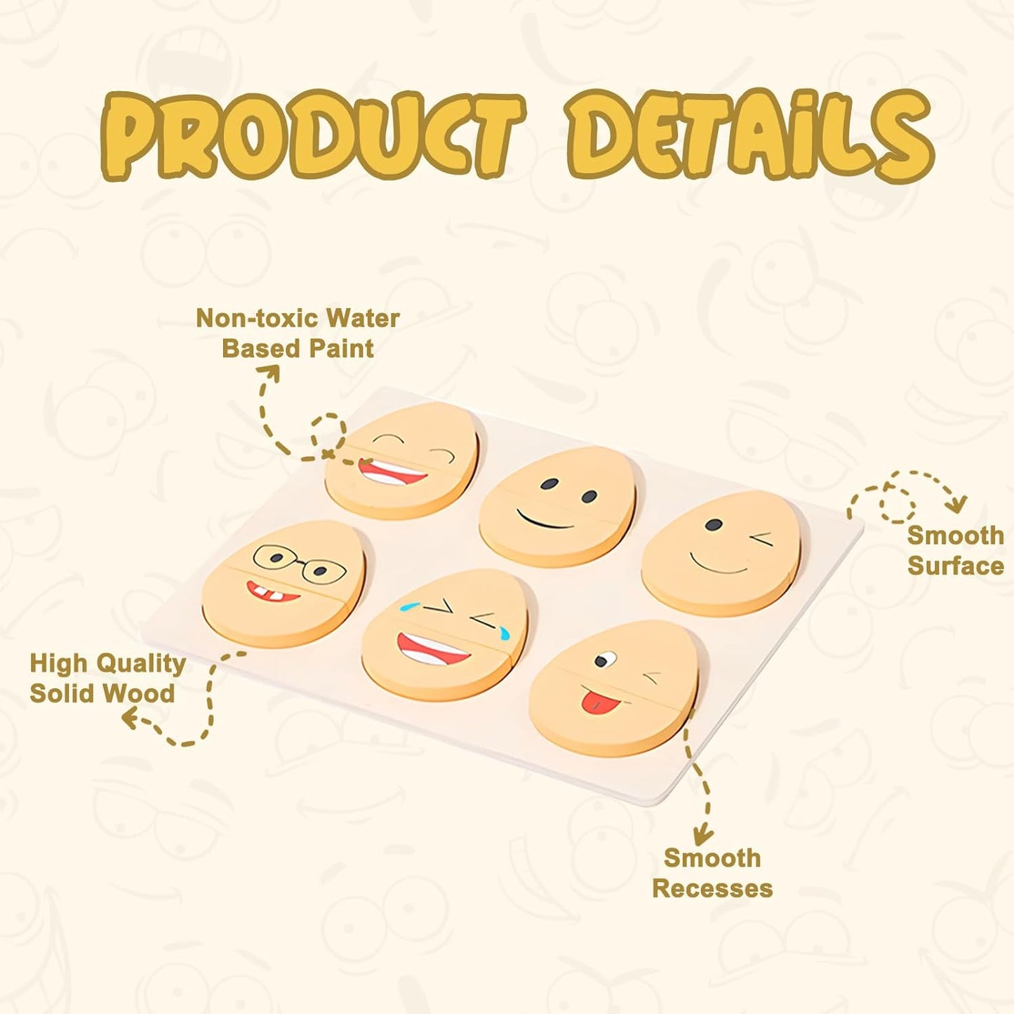 Montessori Wooden Expressions Eggs featuring high-quality solid wood, non-toxic water-based paint, and smooth surfaces for safe, interactive play. Helps children learn emotions and develop fine motor skills.