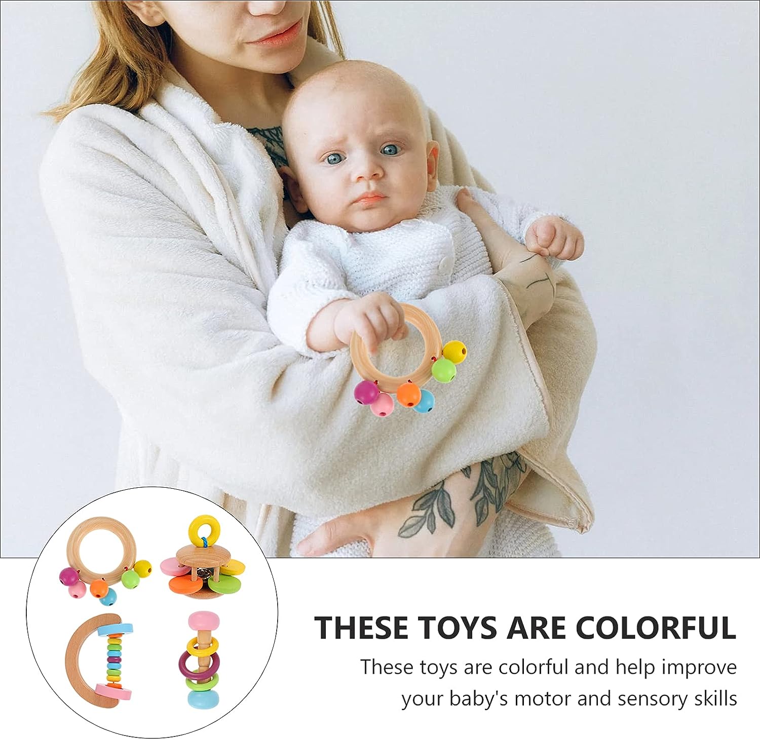 Montessori Wooden Rattles (4 Pack) for babies, featuring colorful, safe wooden materials designed to improve motor and sensory skills.