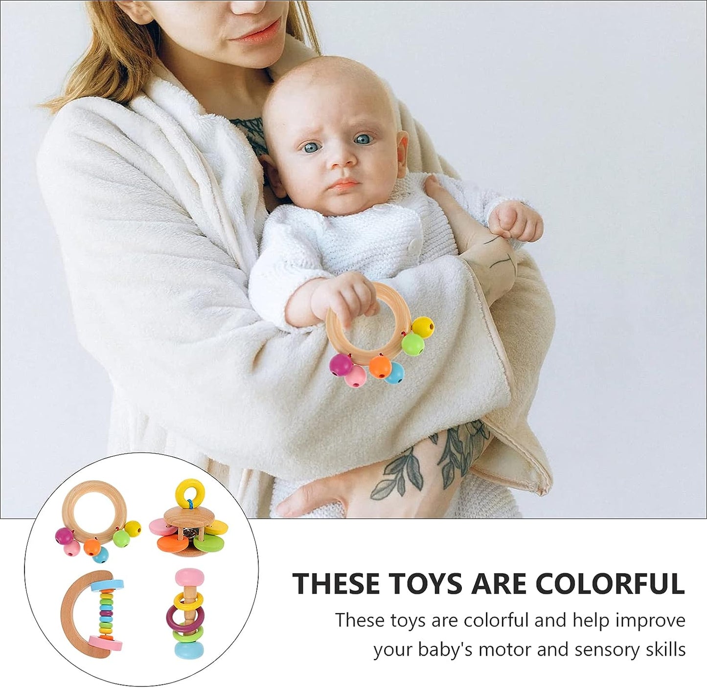 Montessori Wooden Rattles (4 Pack) for babies, featuring colorful, safe wooden materials designed to improve motor and sensory skills.