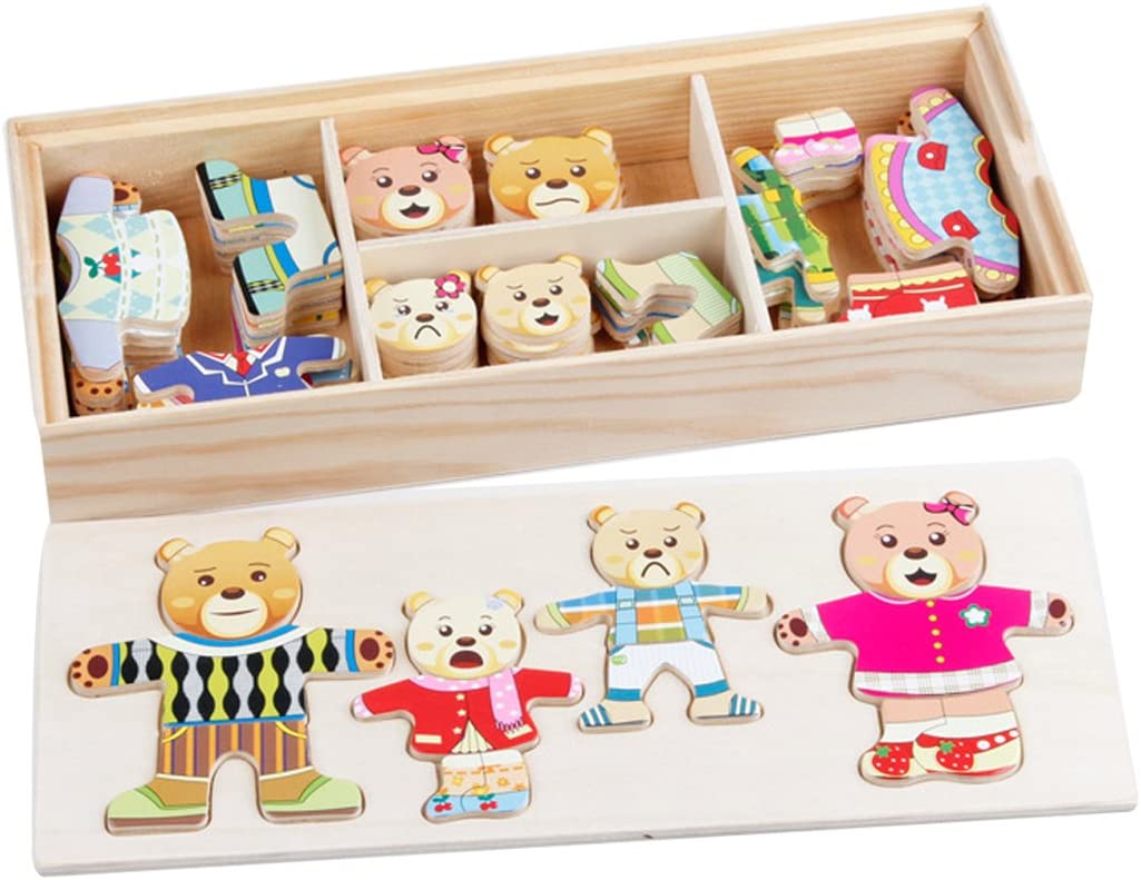 Clara 72 Pieces Wooden Bear Family Dress-Up Jigsaw Puzzles Bear Rabbit Change Clothes Games Toy Set Bear, image size:1025x791