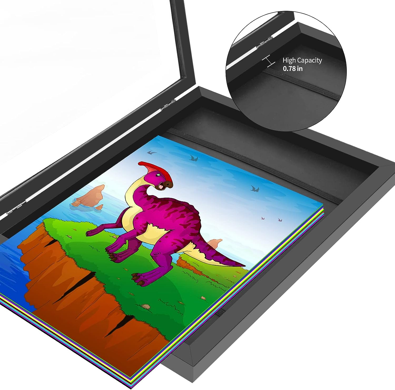 Montessori Art Frame displaying children's artwork in a sleek black design