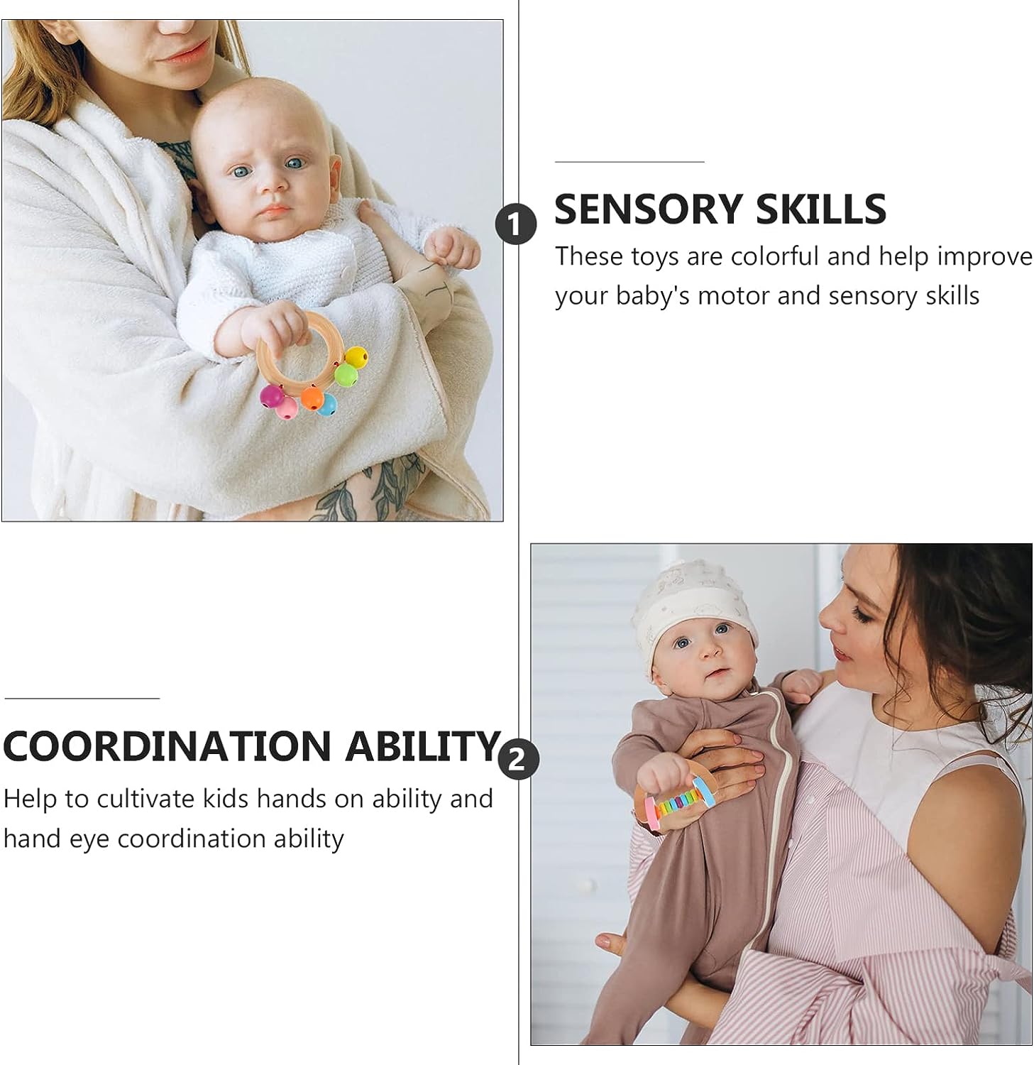 Montessori Wooden Rattles (4 Pack) - Colorful, natural wooden rattles designed to improve sensory and motor skills in babies, promoting hand-eye coordination through playful learning.