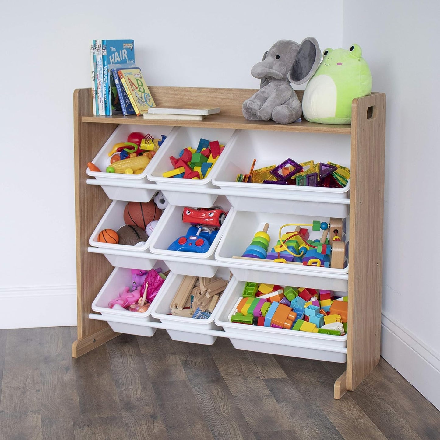 Wooden Toy Organizer with Shelf and 9 Storage Bins