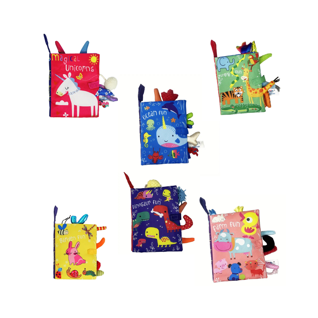 3D Animal Tails Cloth Book collection - A variety of Montessori-inspired sensory books for toddlers, featuring jungle, ocean, garden, dinosaur, farm, and unicorn themes, designed for early learning and tactile exploration.