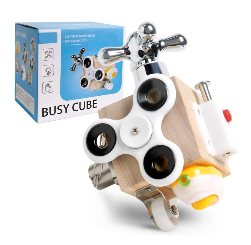 Montessori Busy Cube for sensory and motor skill development in toddlers.