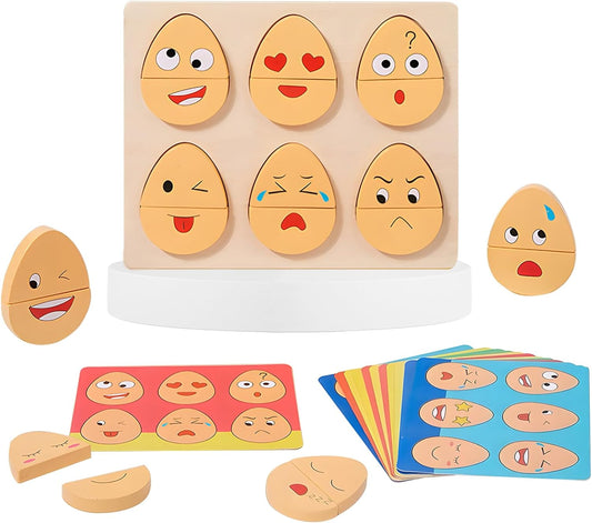 Montessori Wooden Expressions Eggs set for teaching emotions and emotional recognition through play. Ideal for early childhood development, promoting social skills, and cognitive learning.