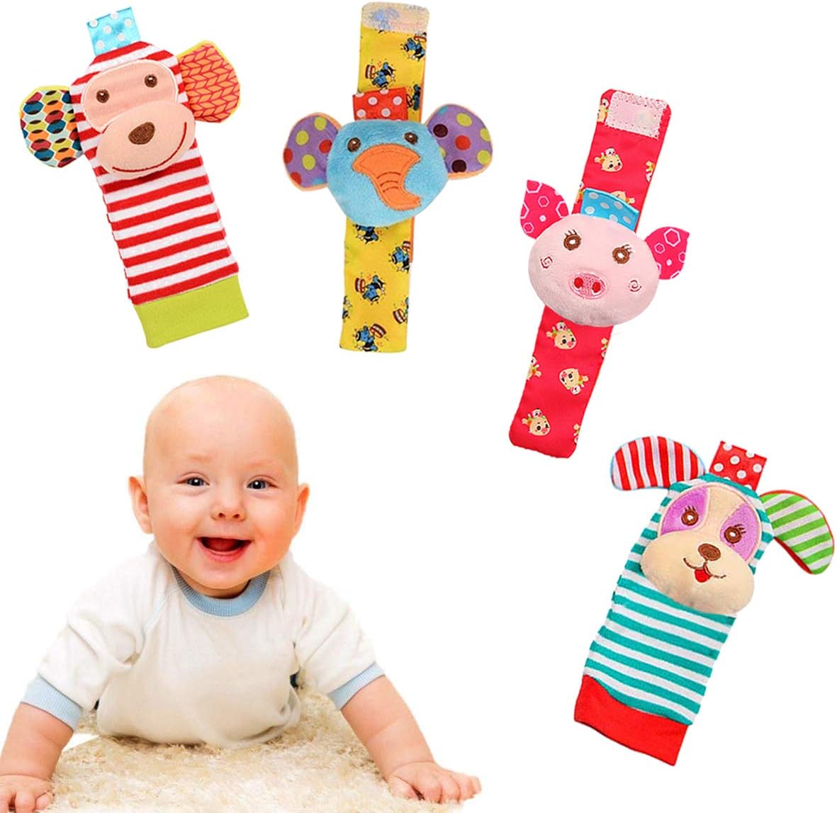 Montessori Rattling Socks for Babies – colorful animal-themed socks that encourage sensory play and motor skill development with soft rattles attached.