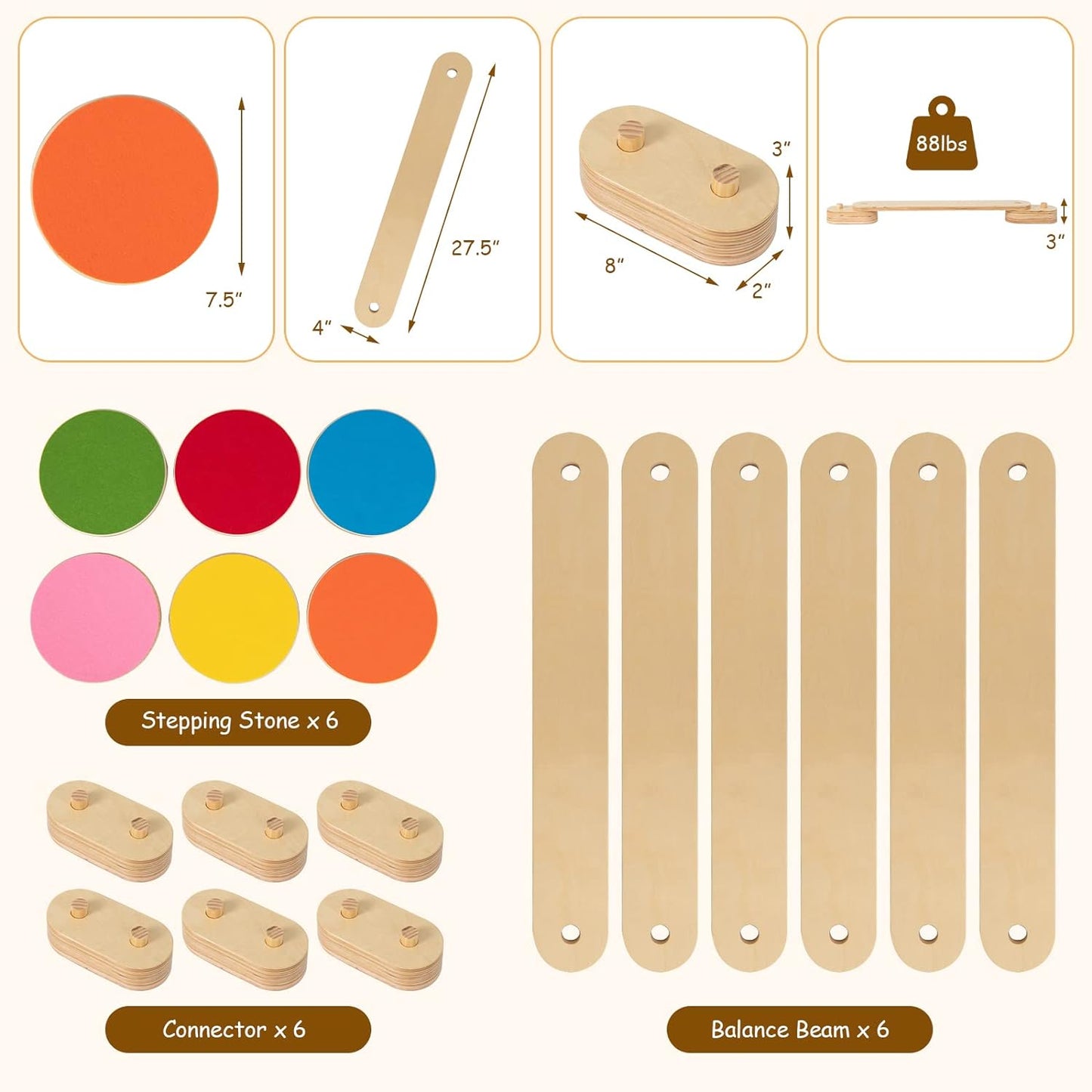 Montessori Wooden Balance Beams with Stepping Stones Set