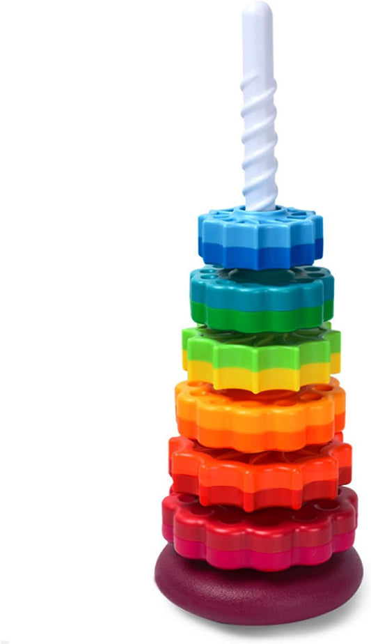 Montessori-inspired Rainbow Stacking Tower – vibrant and durable stacking toy designed to enhance motor skills, color recognition, and cognitive development.