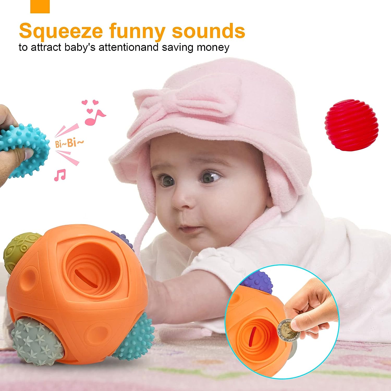 Montessori Sensory Wonder Ball for Babies and Toddlers – Soft, squeezable sensory toy with textured sides, making sounds to engage infants' attention while promoting tactile development and early learning.