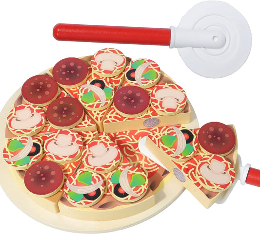 Montessori Pizza Set with toppings and a wooden pizza cutter - educational toy promoting creativity, fine motor skills, and interactive pretend play for toddlers.