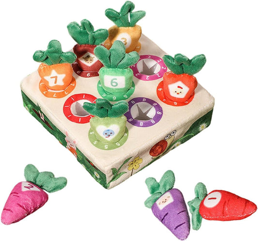 Plush Carrot Matching Game for toddlers, featuring soft fabric carrots and a colorful base with numbered slots for early learning, color recognition, and fine motor skill development.