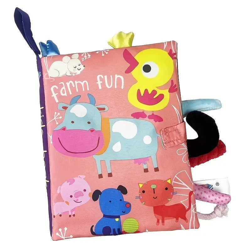 3D Animal Tails Cloth Book - Montessori-inspired soft sensory book for toddlers, featuring interactive animal tails and colorful farm animals for early learning and sensory development.