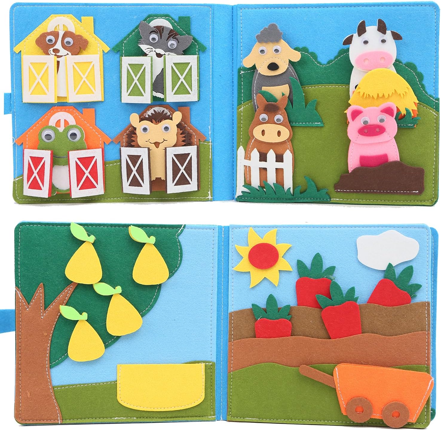 3D Montessori Storytelling Barn Book – farm-themed interactive felt book featuring animals, fruits, and garden scenes, designed for early childhood development, fostering creativity, fine motor skills, and storytelling through hands-on activities.