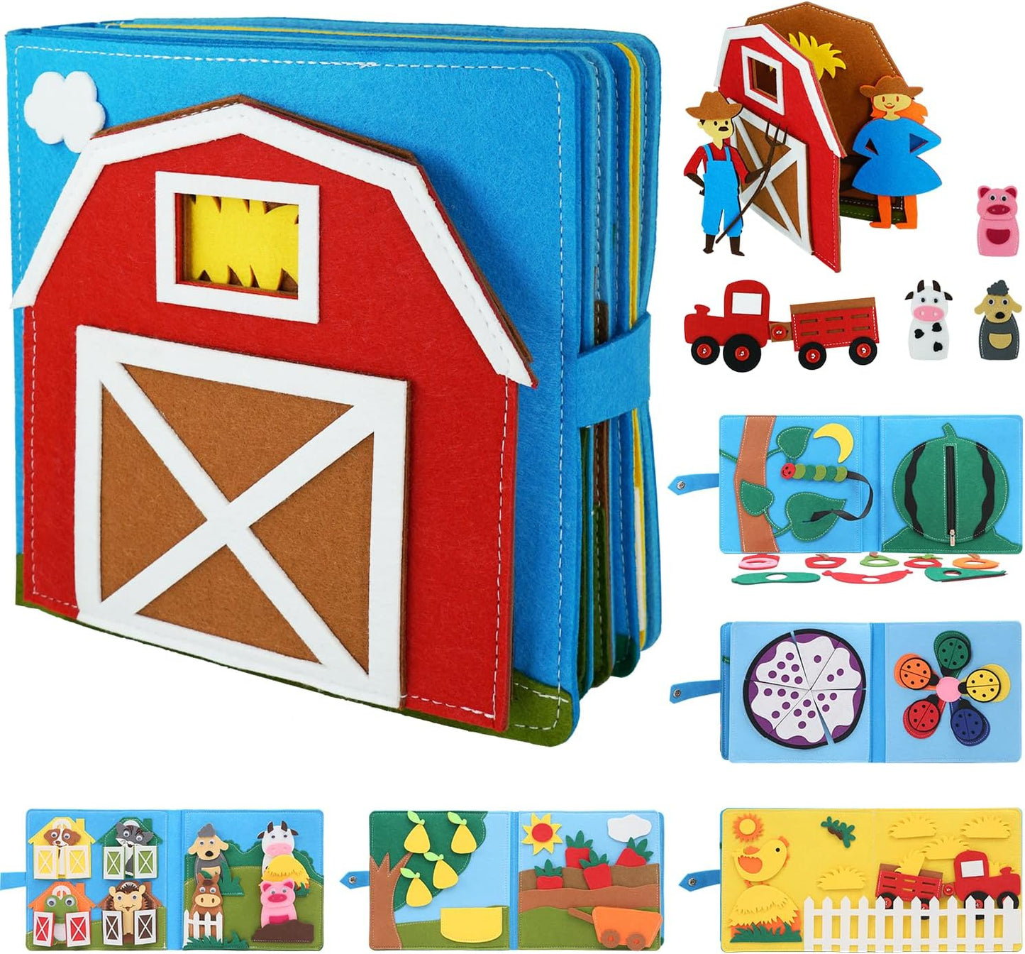 3D Montessori Storytelling Barn Book – interactive and educational felt book designed to engage children with hands-on activities, promoting fine motor skills, storytelling, and creative learning through farm-themed scenes.