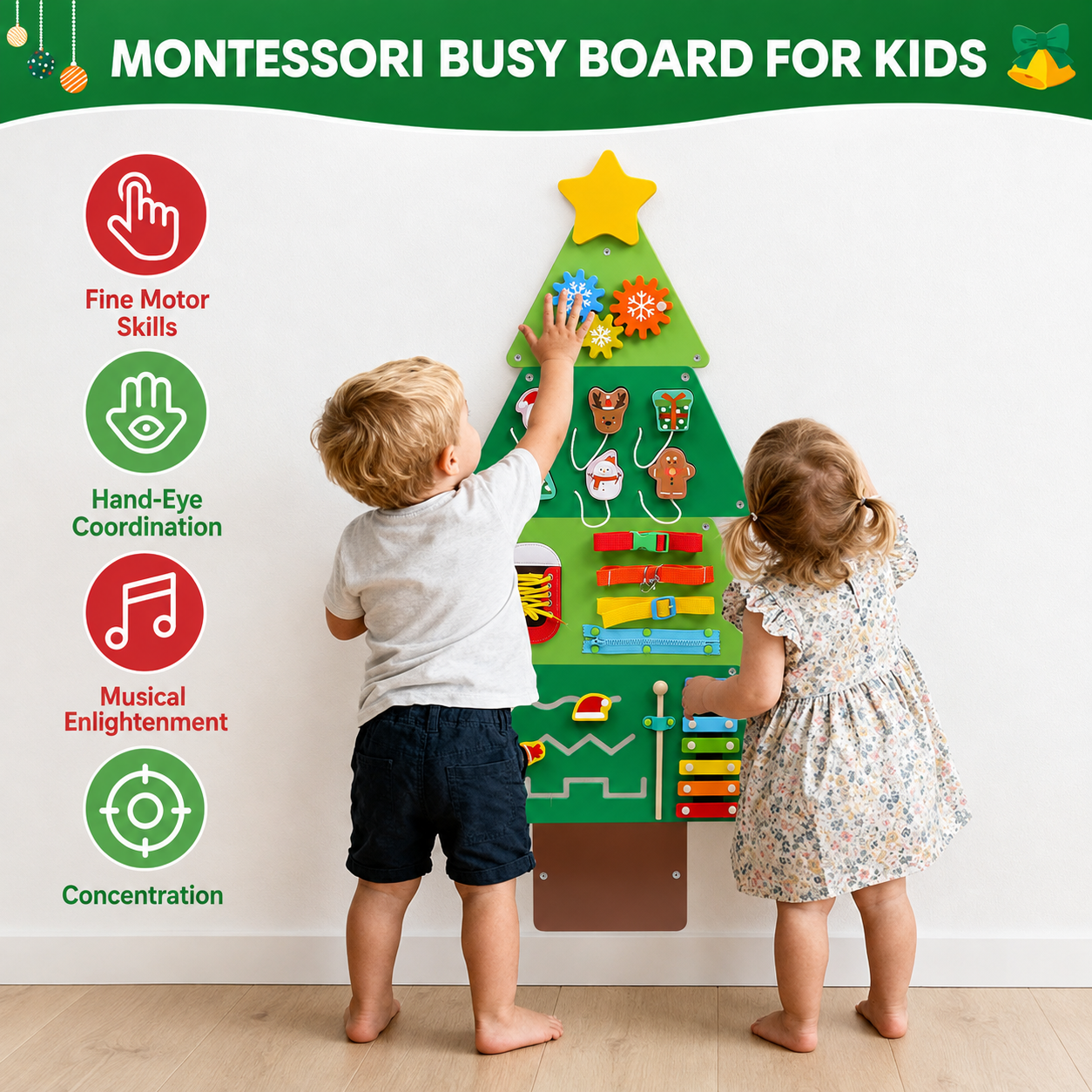 Montessori Wooden Christmas Tree Busy Board