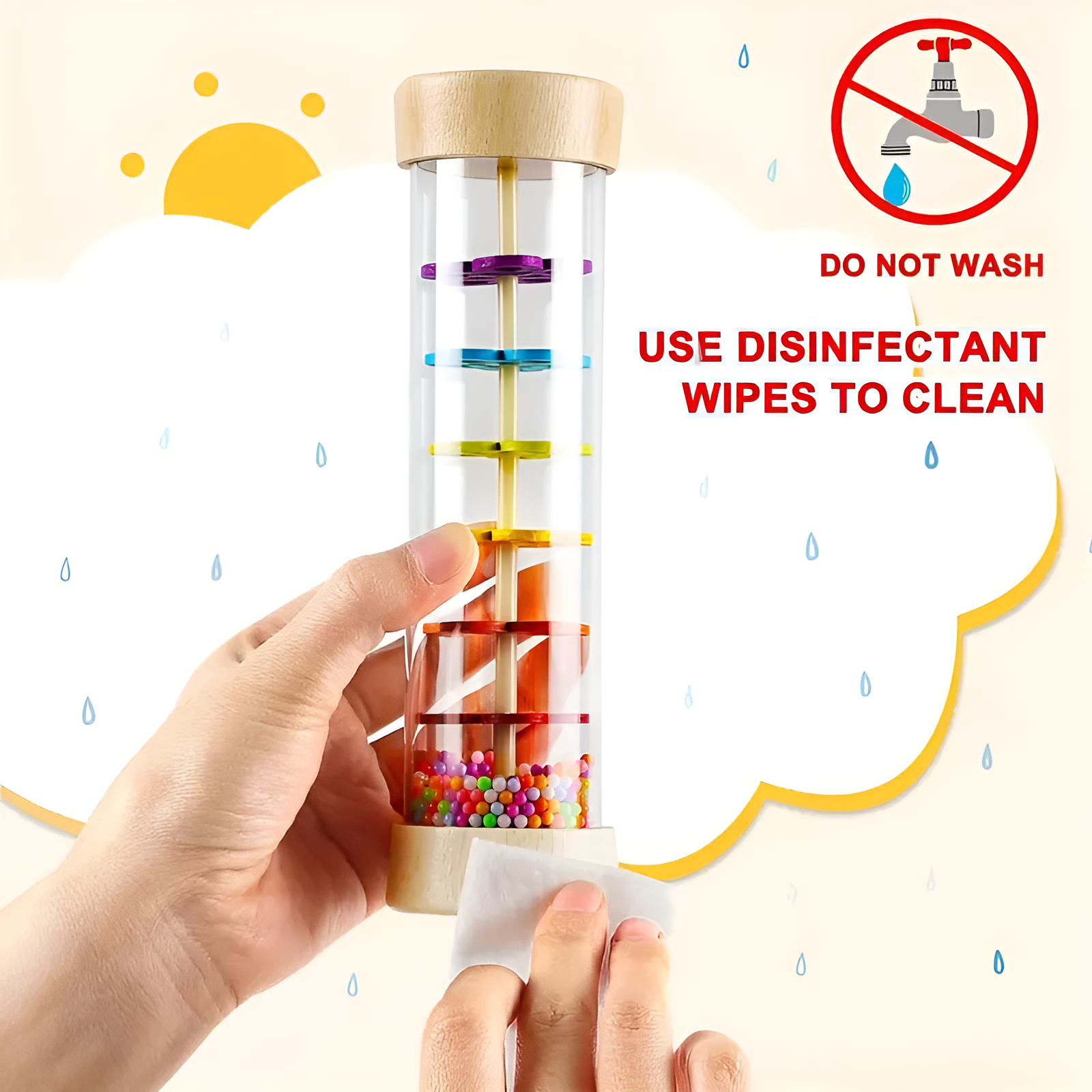 Cleaning the Montessori Wooden Toddler Rattle with disinfectant wipes, promoting easy maintenance while fostering sensory development and motor skills in toddlers.