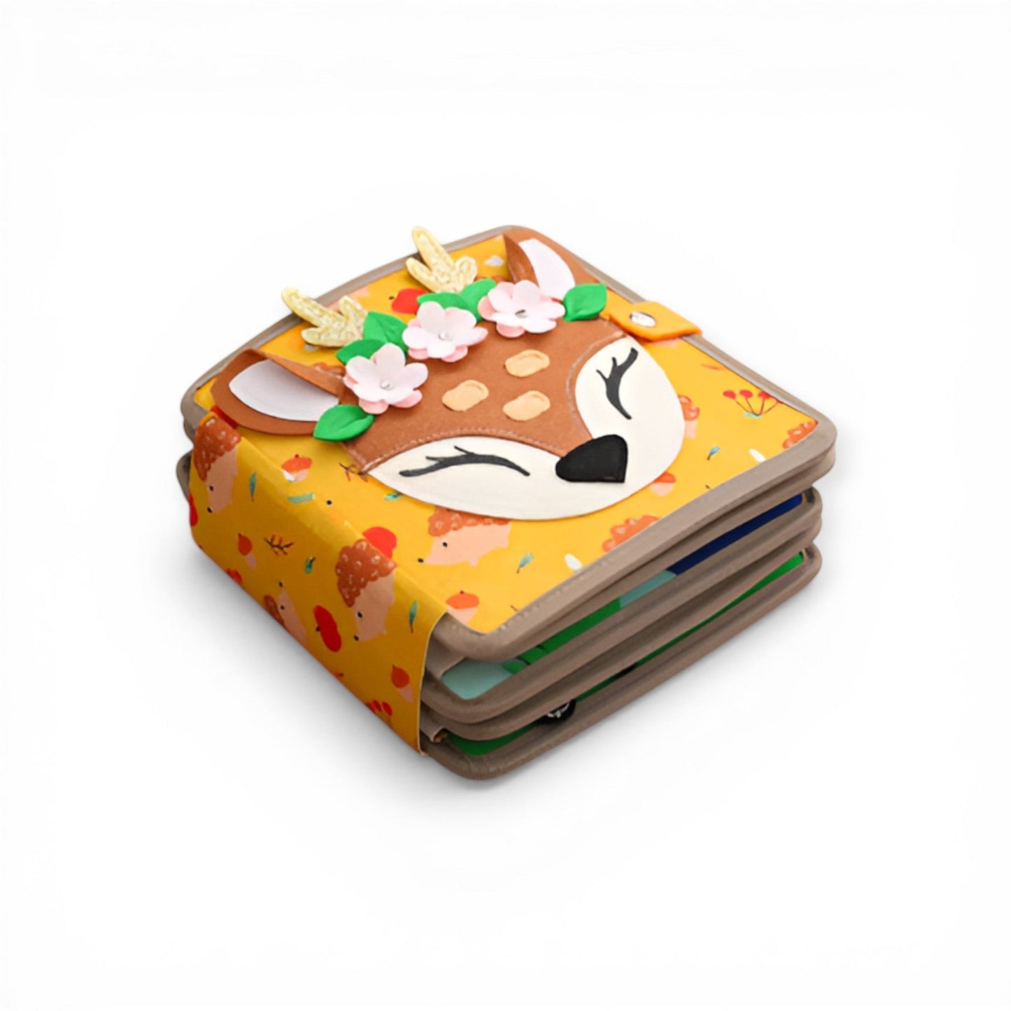 Montessori busy board quiet book deer edition, orange felt animal book with cute deer face flowers and decorative elements on cover, sensory activity book for toddlers and preschoolers aged 12 months and up.