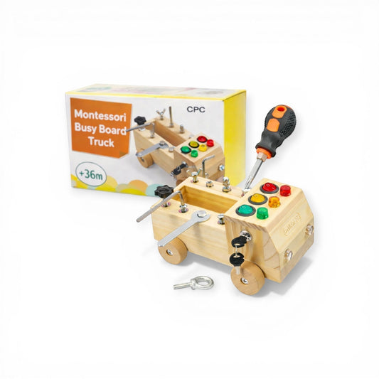 Montessori busy board truck wooden toy for kids aged 3 and up, natural wood truck with colorful buttons switches screws nuts bolts and key lock, includes screwdriver and wrench tools, fine motor skills and problem solving toy for toddlers and preschoolers.