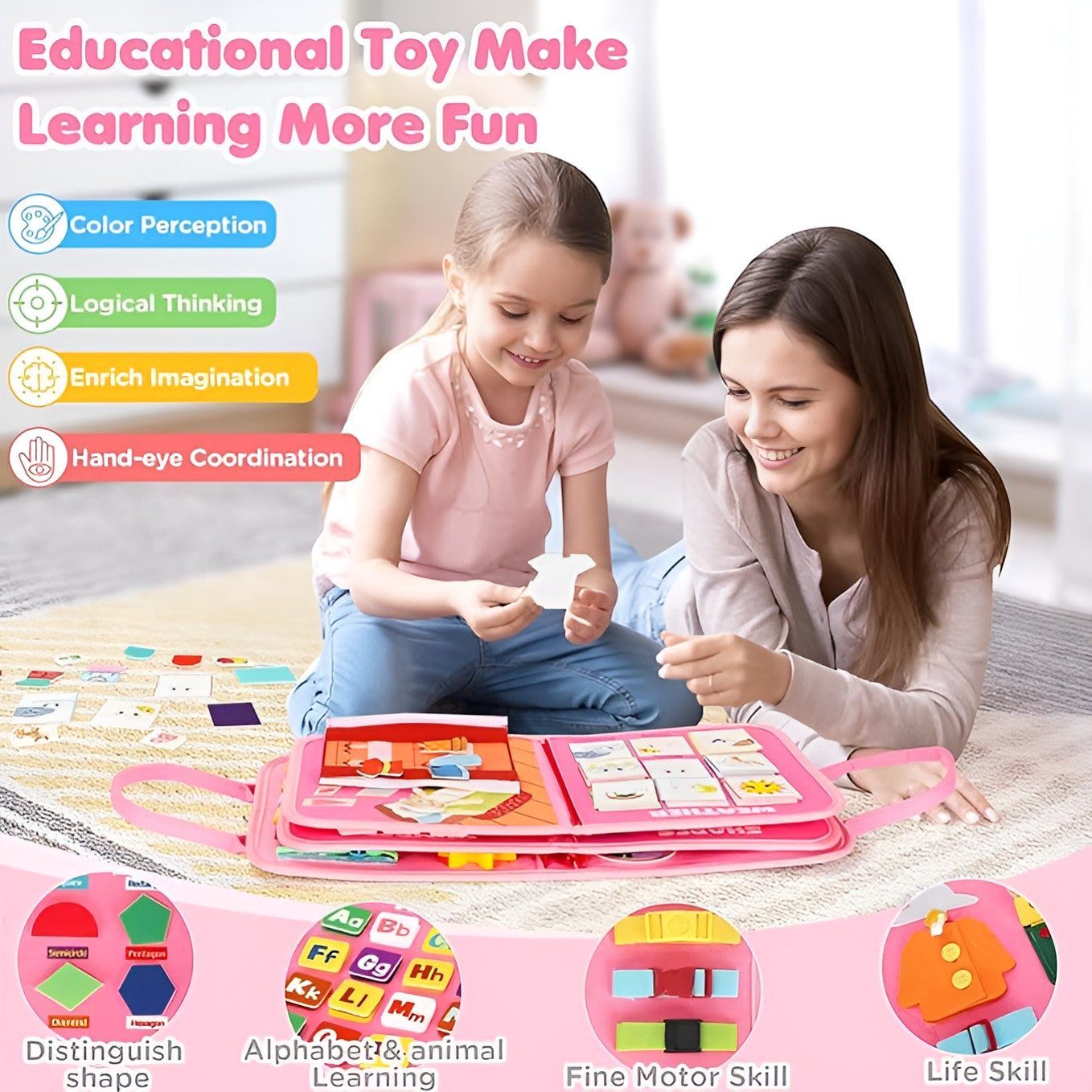 Montessori busy board upgraded edition infographic showing educational features including color perception logical thinking imagination and hand-eye coordination activities, foldable felt learning board for kids aged 18 months and up