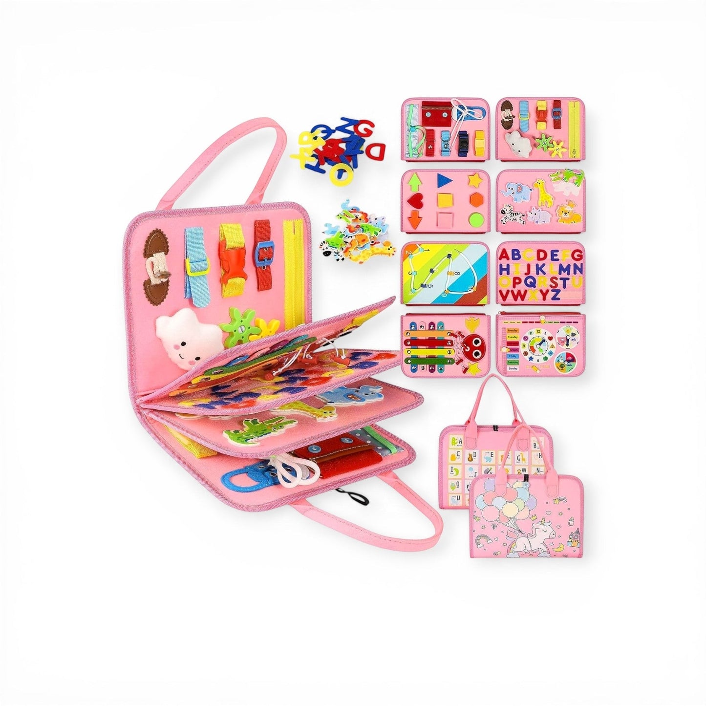 Pink Montessori busy board upgraded edition laid flat showing all activity panels including alphabet animals shapes fine motor and life skills activities, foldable felt busy board with carry handle for toddlers and preschoolers.