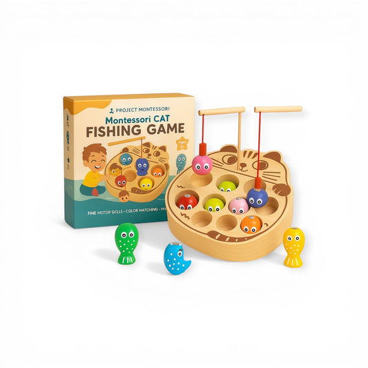 Project Montessori wooden cat fishing game for kids aged 3 and up, round cat shaped wooden board with colorful magnetic fish and balls in multiple colors, 2 wooden fishing rods with magnetic tips, fine motor skills color matching and hand eye coordination toy for toddlers and preschoolers.