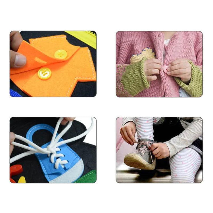 Montessori Dino Busy Board – Featuring interactive activities like buttoning, shoe-lacing, and buckling to help toddlers practice fine motor skills and daily life tasks.