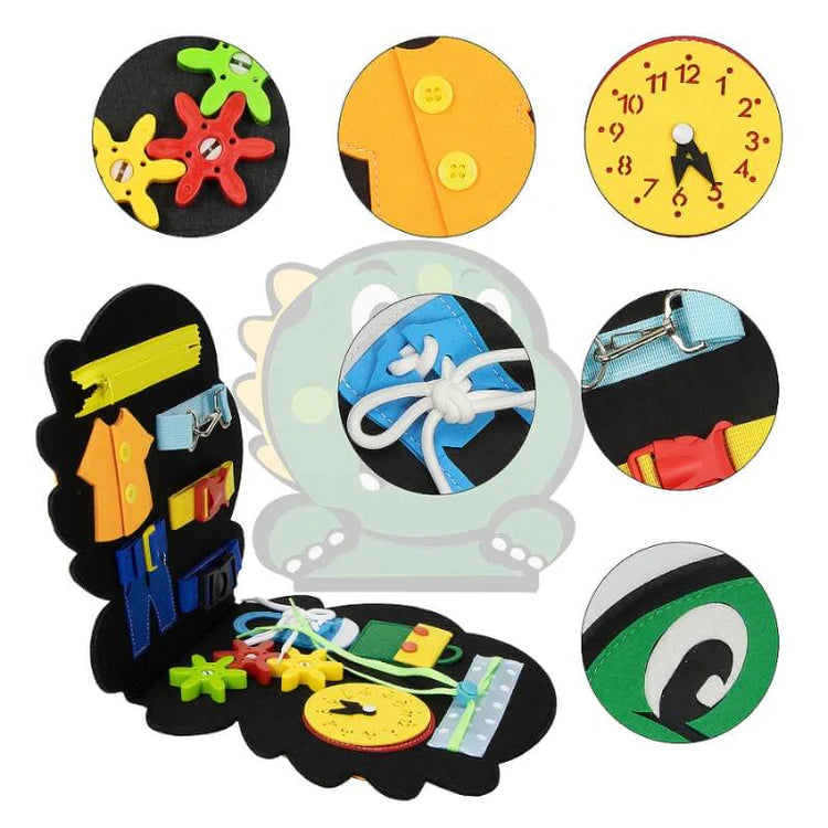 Montessori Dino Busy Board featuring colorful zippers, buttons, buckles, and clocks to promote hands-on learning, fine motor skills, and problem-solving in toddlers.