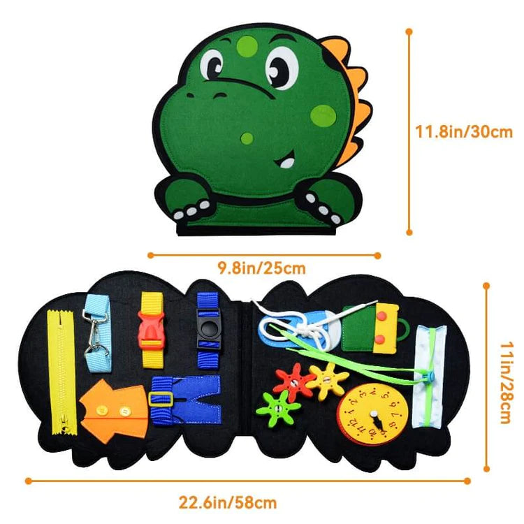 Montessori Dino Busy Board – Engaging and educational dinosaur-themed busy board with zippers, buckles, and gears to develop fine motor skills and cognitive learning in toddlers.