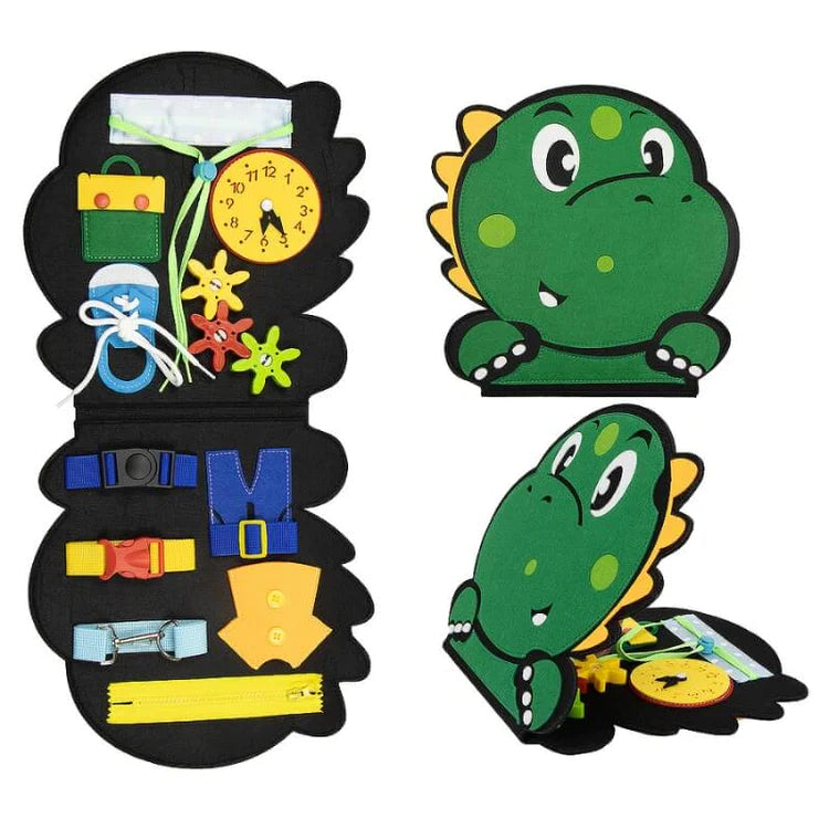 Montessori Dino Busy Board with interactive activities, including zippers, buckles, and buttons for developing fine motor skills and early learning.