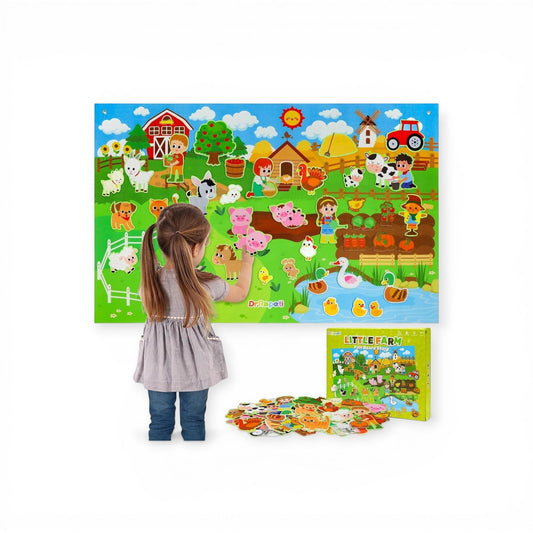 Montessori felt farm story board for toddlers and kids aged 3 and up, large wall felt board with little farm scene including barn animals cow pig horse sheep duck and chickens, 50 plus felt pieces with farm characters and vegetables, imaginative storytelling and creative play toy for preschoolers.