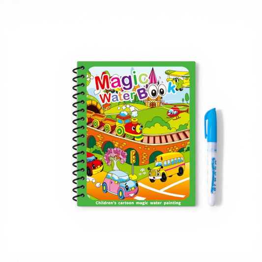 Montessori magic water drawing and coloring book transportation edition with reusable pages and blue water pen, green spiral bound book with cars trucks buses and vehicles, mess-free art toy for kids aged 3 and up.