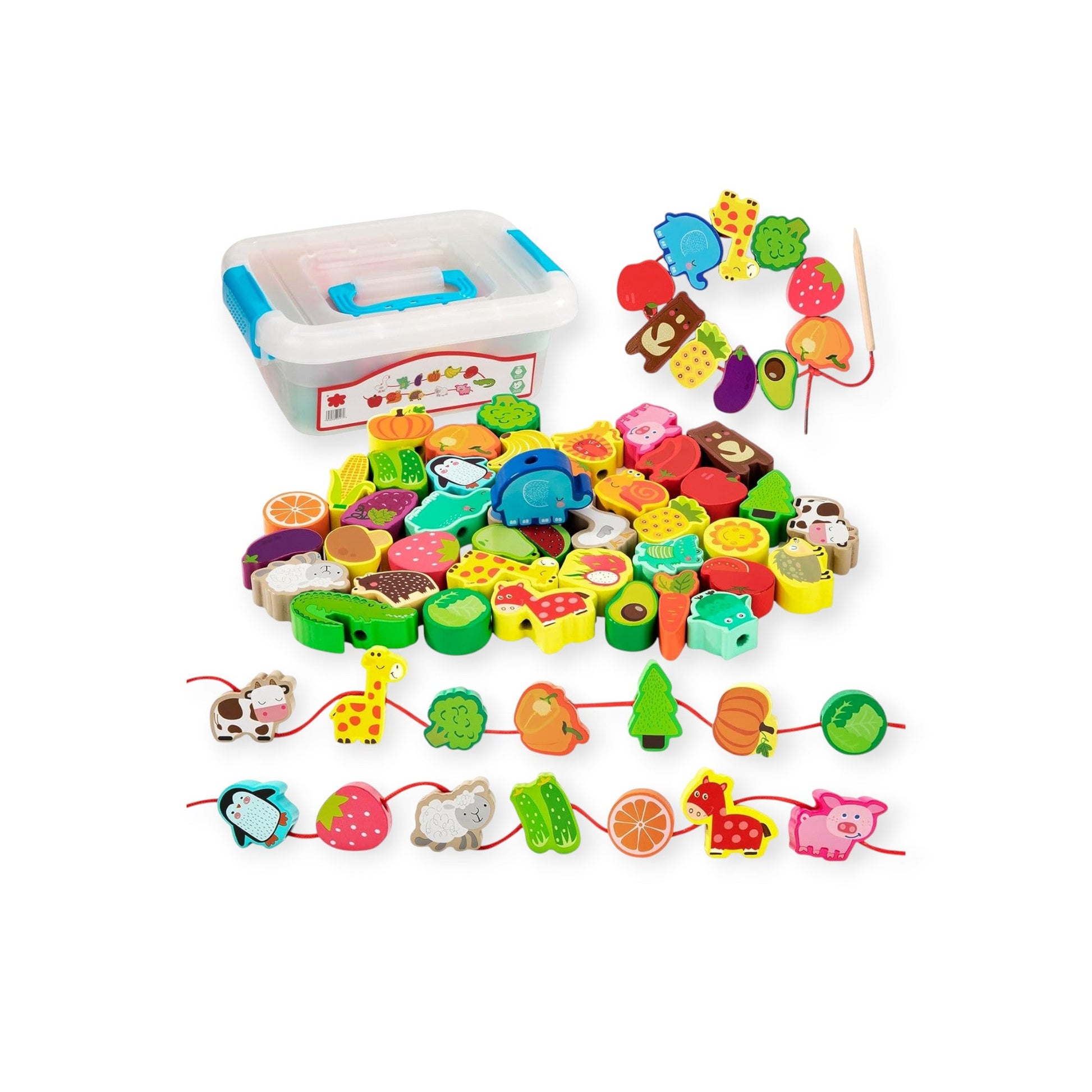 Montessori Wooden Stringing Animals, Fruits and Vegetables - Project Montessori