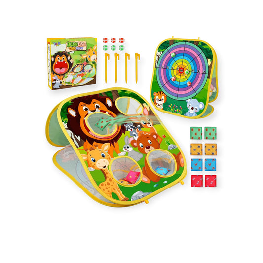 Montessori animal bean bag toss game set for kids including jungle animal toss mat with lion giraffe and bear, colorful dartboard target, 8 bean bags in 4 colors, 6 balls, and ground stakes, outdoor and indoor active play toy for toddlers and children aged 3 and up.