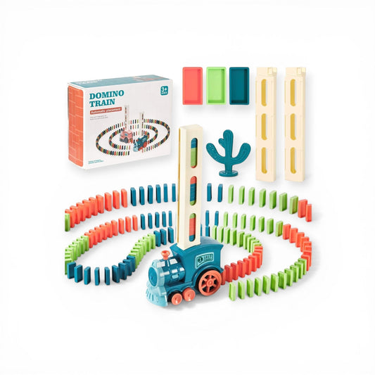 Montessori automatic domino train toy set for kids aged 3 and up, electric blue train with automatic domino placement, 100 plus colorful dominoes in red green and teal, cactus figurine, stacking tower and bridge pieces, STEM learning toy for toddlers and children, indoor creative building and sequencing play.