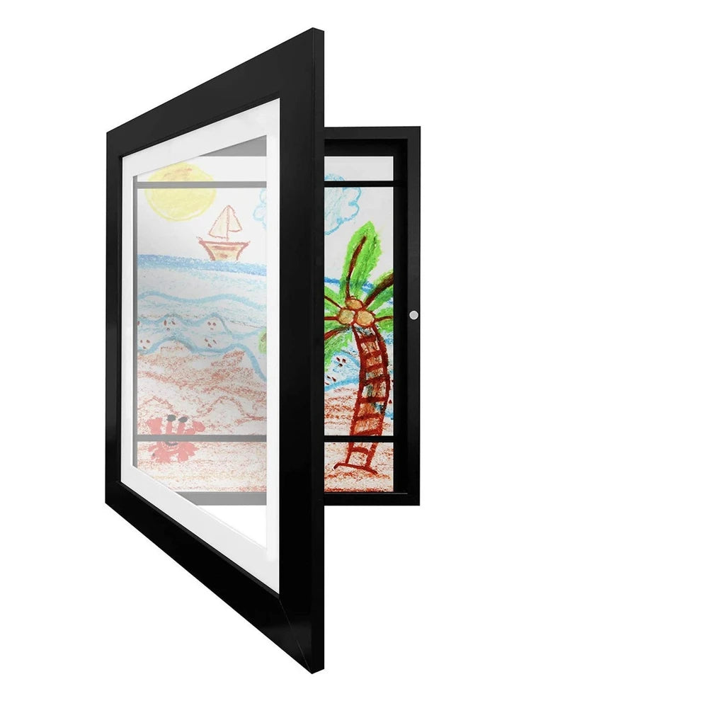 Montessori Art Frame displaying children's artwork, designed for easy rotation and showcasing creativity in a sleek, child-friendly frame.