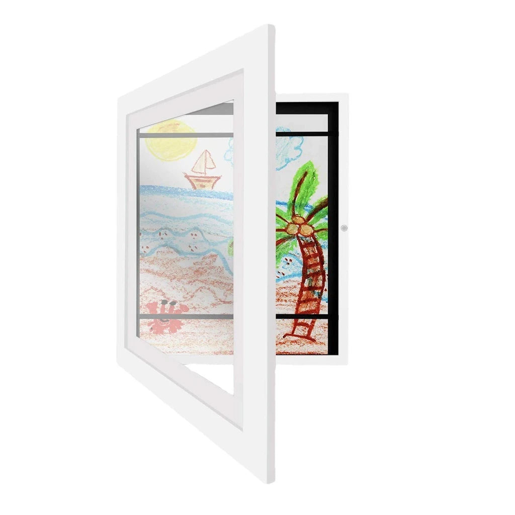 Montessori Art Frame displaying children's artwork, designed for easy rotation and showcasing creativity in a sleek, child-friendly frame.